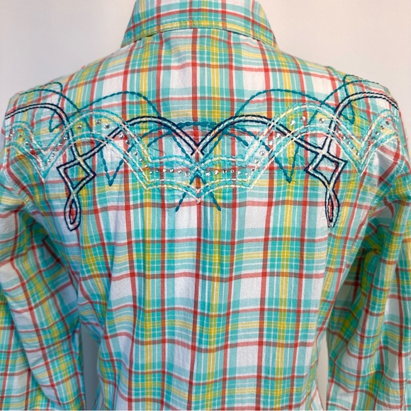 NEW ARIAT PASTEL PLAID RHINESTONE SNAP FRONT BLING EMBROIDERED WESTERN SHIRT SzS - Picture 4 of 11